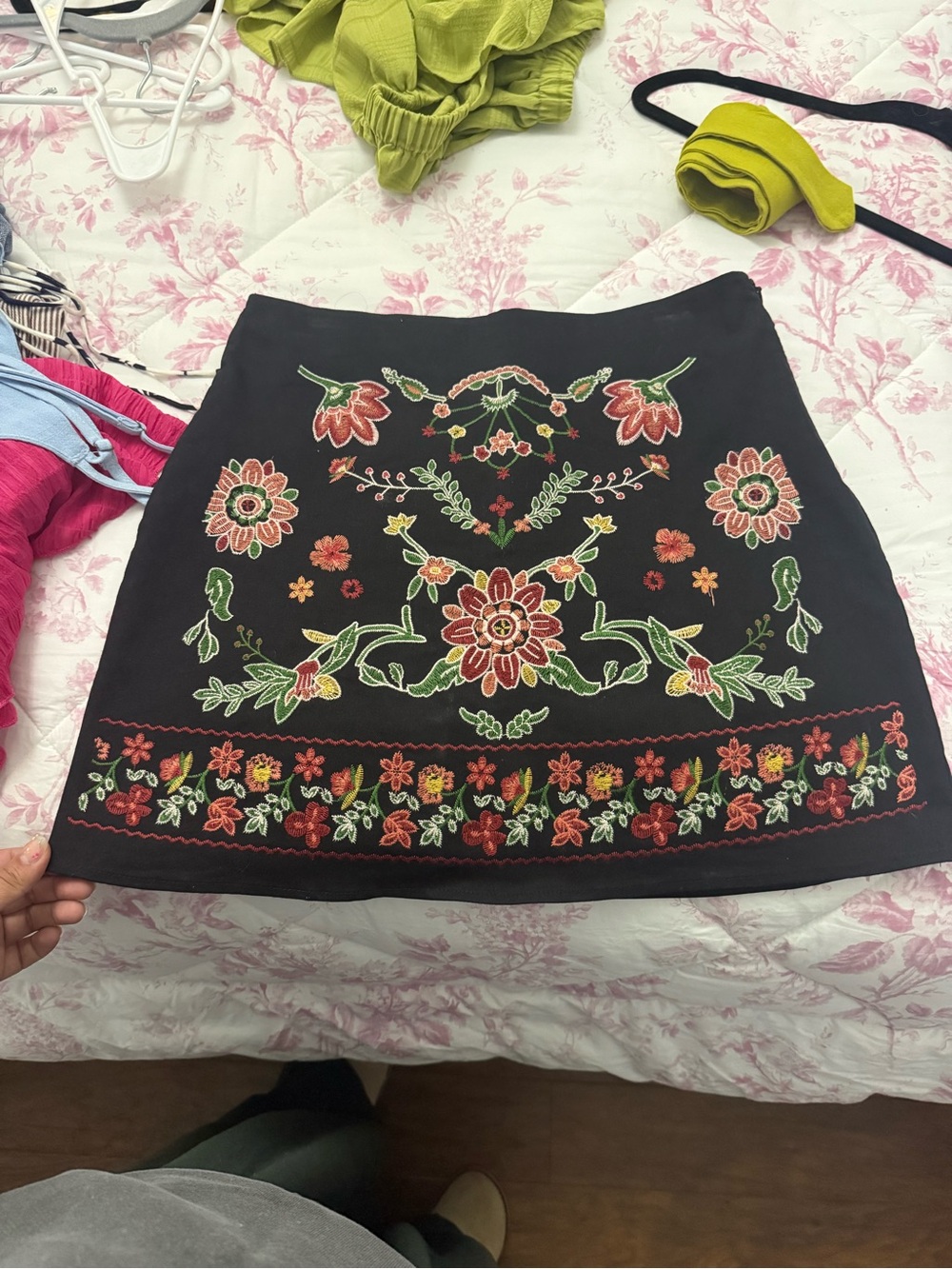 Mango Black Mini Skirt with Red, Pink and Green Floral Embroidery